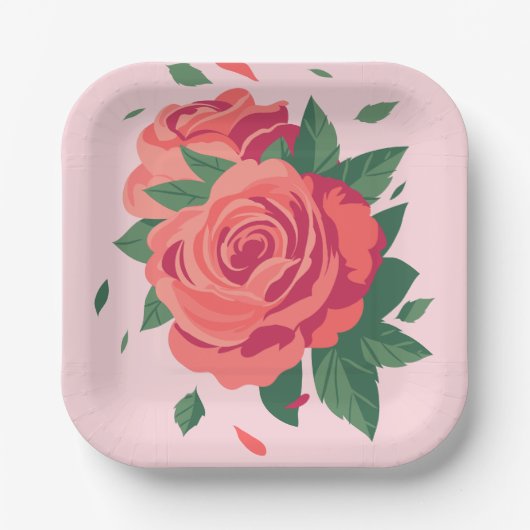 バレンタインパーティーピンク色のバラのプレートピンク色の背景 ペーパープレート (正面)