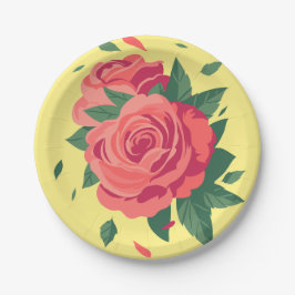 バレンタインパーティープレートピンクのバラが黄色 ペーパープレート