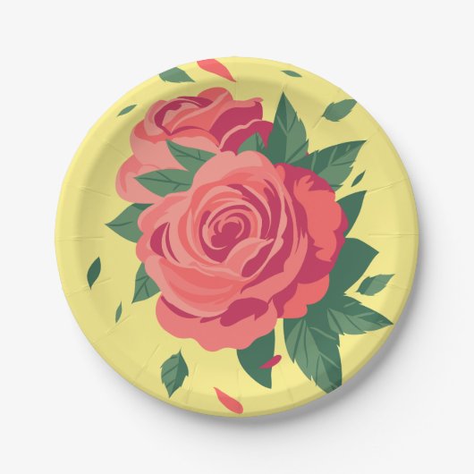 バレンタインパーティープレートピンクのバラが黄色 ペーパープレート (正面)