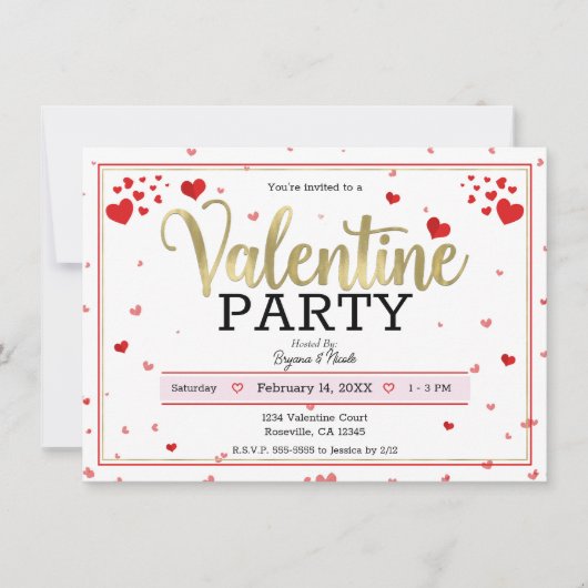 バレンタインパーティー バレンタインデー ハート 赤 ゴールド 招待状 (正面)
