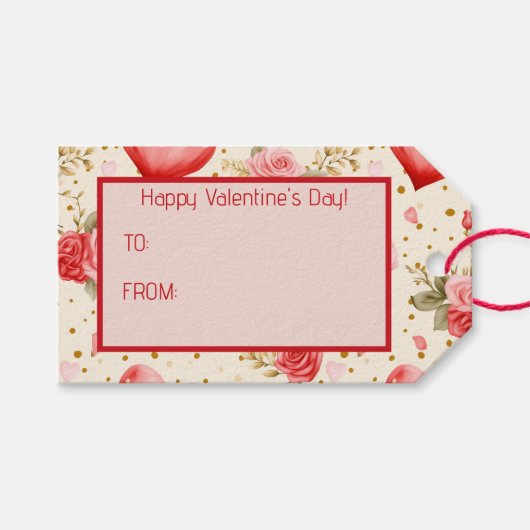 バレンタインピンクと赤のバラとハート ギフトタグ (正面(横))