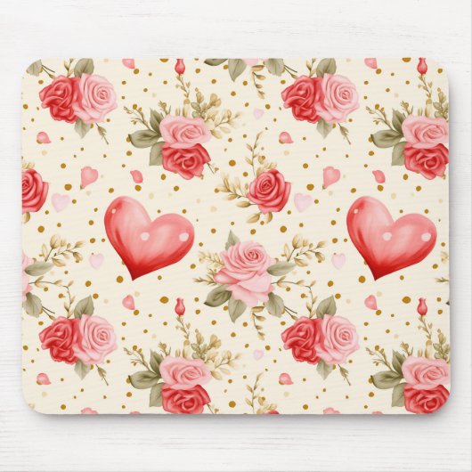 バレンタインピンクと赤のバラとハート マウスパッド (正面)