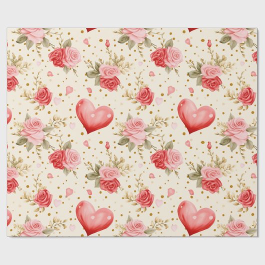 バレンタインピンクと赤のバラとハート ラッピングペーパー (フラット)