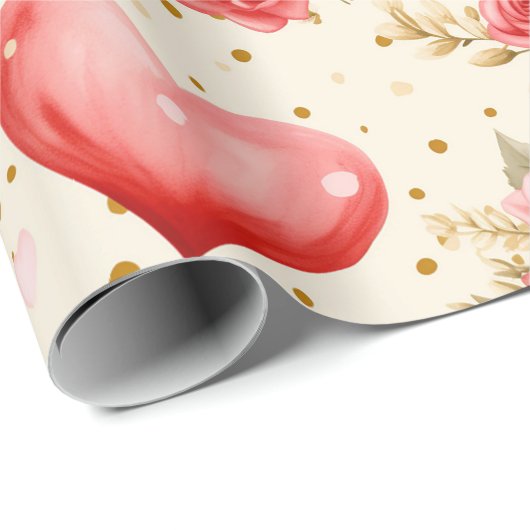 バレンタインピンクと赤のバラとハート ラッピングペーパー (ロールコーナー)