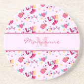 バレンタインピンクのラブレターのパターエレガントン名 コースター (正面)