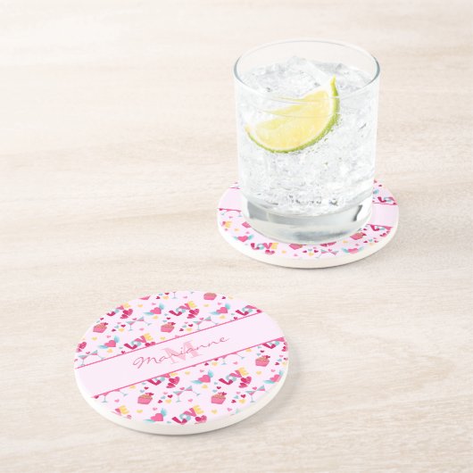 バレンタインピンクのラブレターのパターエレガントン名 コースター (側面)