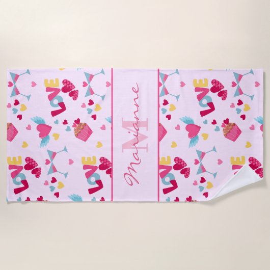 バレンタインピンクのラブレターのパターエレガントン名 ビーチタオル (正面)