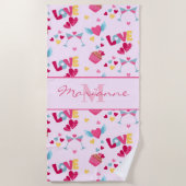 バレンタインピンクのラブレターのパターエレガントン名 ビーチタオル (正面)