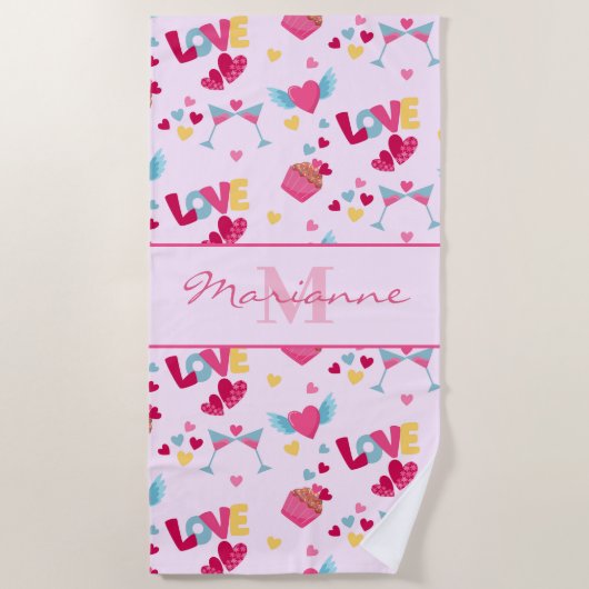 バレンタインピンクのラブレターのパターエレガントン名 ビーチタオル (正面)