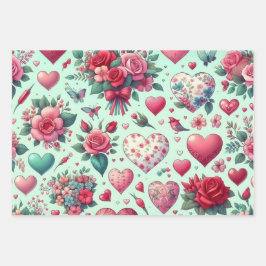 バレンタインピンクの花とハート ラッピングペーパーシート