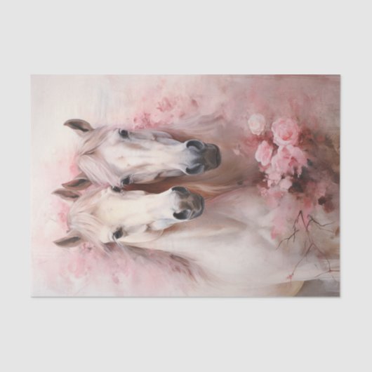 バレンタインピンクの花2つの白い馬 薄葉紙 (正面)