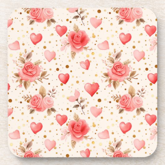 バレンタインピンクウォーターカラーバラとハート コースター (正面)