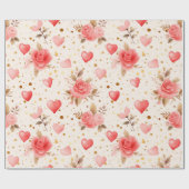 バレンタインピンクウォーターカラーバラとハート ラッピングペーパー (フラット)
