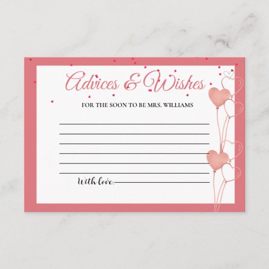 バレンタインピンクハートアドバイス&ウィッシュブライダルシャワー エンクロージャーカード (正面)