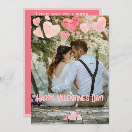 バレンタインピンクハートオーバーレイ自分の写真を追加 シーズンカード (正面/裏面)