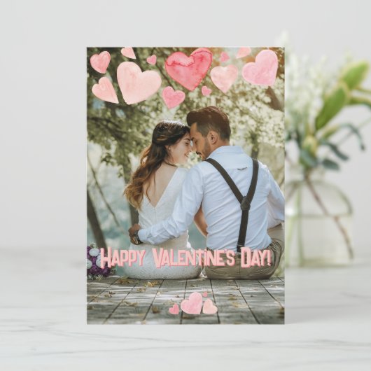 バレンタインピンクハートオーバーレイ自分の写真を追加 シーズンカード (スタンド正面)