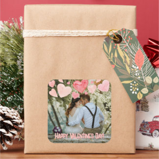 バレンタインピンクハートオーバーレイ自分の写真を追加 スクエアシール