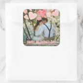 バレンタインピンクハートオーバーレイ自分の写真を追加 スクエアシール (バッグ)