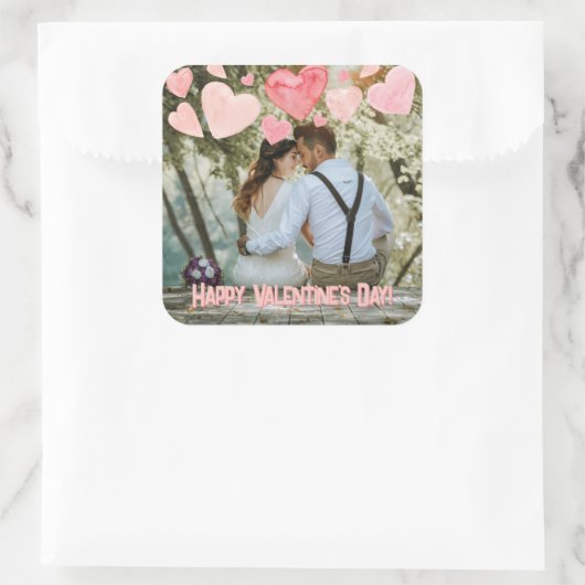 バレンタインピンクハートオーバーレイ自分の写真を追加 スクエアシール (バッグ)