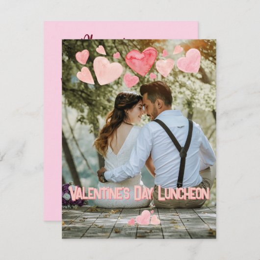バレンタインピンクハートオーバーレイ自分の写真を追加 招待状 (正面/裏面)