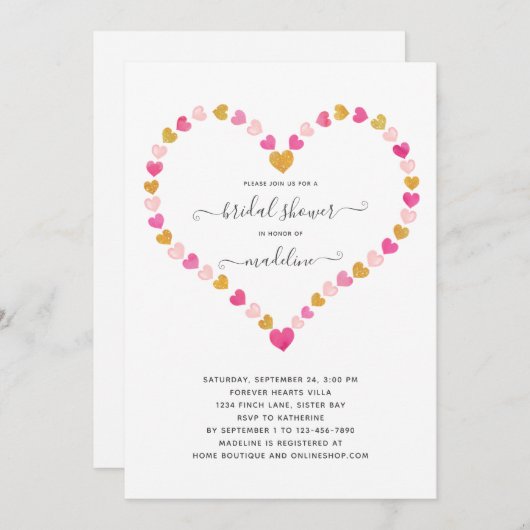 バレンタインピンクハートスウィートアートブライダルシャワー 招待状 (正面/裏面)