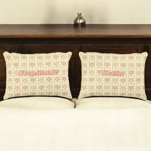バレンタインピンクハート市松模様にクリームカップルギフト アクセントクッション