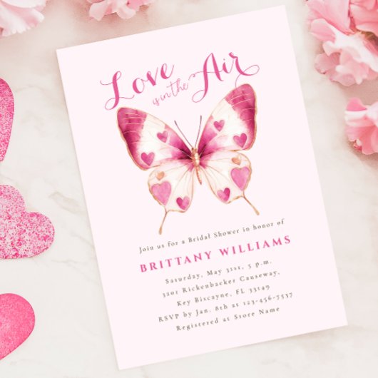 バレンタインピンクバタフライブライダルシャワー招待 招待状