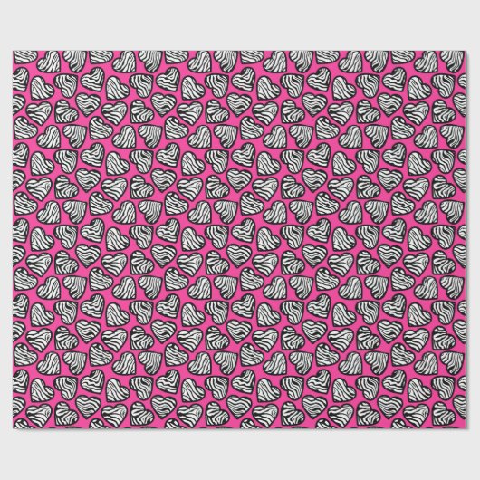 バレンタインピンクブラックとホワイトゼブラのハートパターン ラッピングペーパー (フラット)