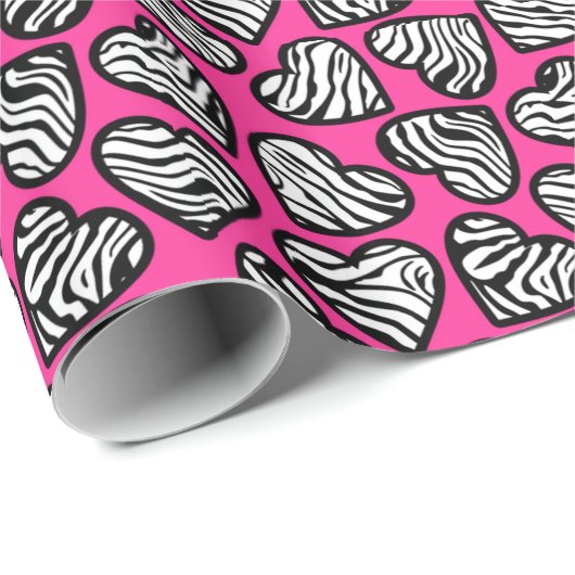 バレンタインピンクブラックとホワイトゼブラのハートパターン ラッピングペーパー (ロールコーナー)