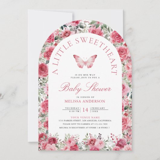 バレンタインピンクレッドローズバタフライガールベビーシャワー 招待状 (正面)