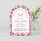 バレンタインピンクレッドローズバタフライガールベビーシャワー 招待状 (スタンド正面)