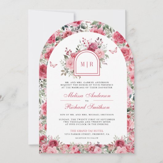 バレンタインピンクレッドローゼバタフライアー結婚チ 招待状 (正面)