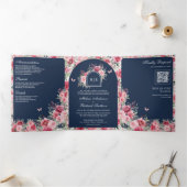 バレンタインピンクレッドローゼバタフライネイビー結婚ズ 三つ折り招待状 (内部)