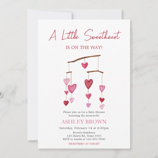 バレンタインピンク赤いハートベビーシャワー 招待状 (正面)