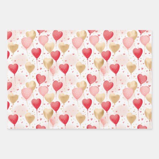 バレンタインピンク赤と金ゴールドハートバルーン ラッピングペーパーシート (正面3)