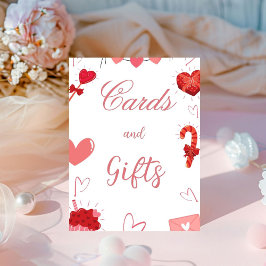 バレンタインピンク&赤いハートカードとギフトサイン 台座サイン