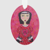 バレンタインフォークアートレディハート黒猫ラブ オーナメント (正面)