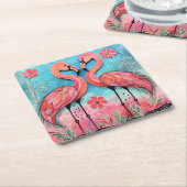 バレンタインフラミンゴアート スクエアペーパーコースター (アングル)