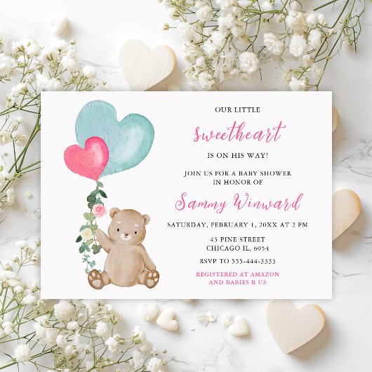 バレンタインベアーピンクとブルーのハートベビーシャワー 招待状