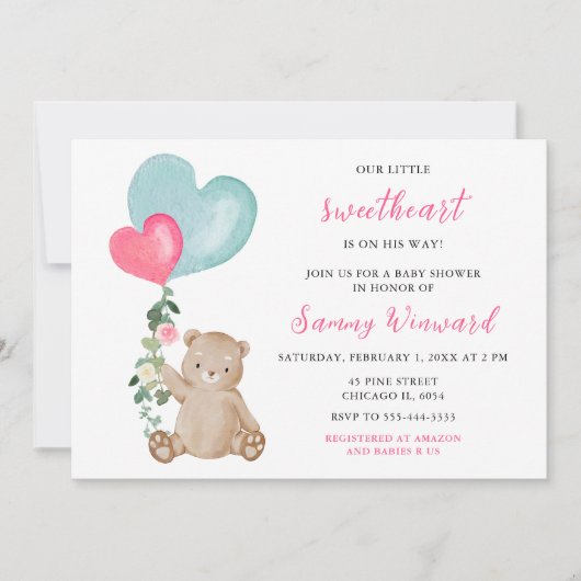 バレンタインベアーピンクとブルーのハートベビーシャワー 招待状 (正面)