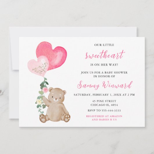 バレンタインベアーピンクハート赤ちゃんシャワー 招待状 (正面)