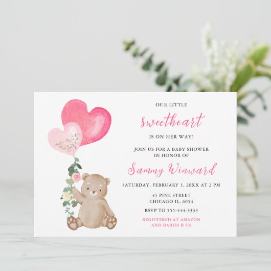 バレンタインベアーピンクハート赤ちゃんシャワー 招待状 (スタンド正面)