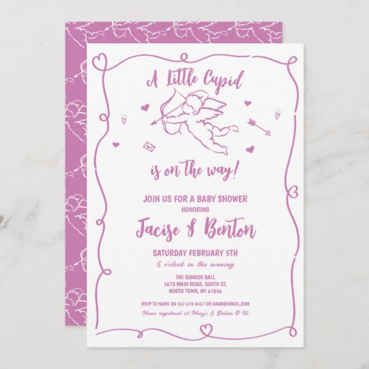 バレンタインベビーシャワーキューピッドガールピンクラブ 招待状 (正面/裏面)