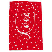 バレンタインホワイトオン赤いハートパターン ミディアムペーパーバッグ (正面)