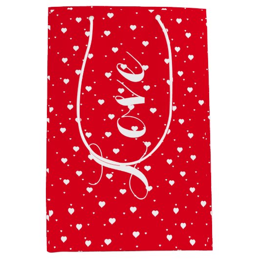 バレンタインホワイトオン赤いハートパターン ミディアムペーパーバッグ (正面)