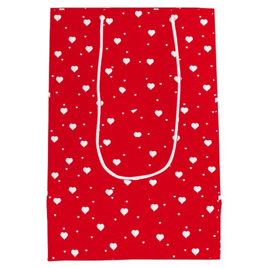 バレンタインホワイトオン赤いハートパターン ミディアムペーパーバッグ (裏面)