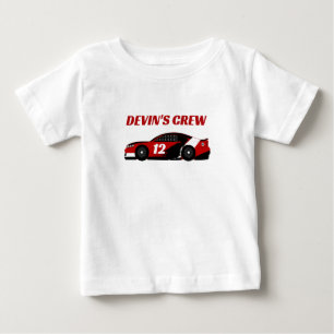 バレンタインボーイのきょうだい レッド レースカー クルー パーティー ベビーTシャツ