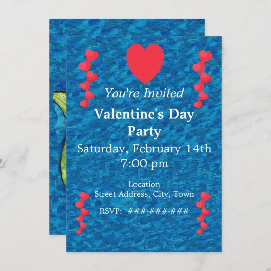 バレンタインマーメイド金ゴールドの赤いハートの文字列ブルー 招待状 (正面/裏面)