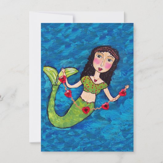 バレンタインマーメイド金ゴールドの赤いハートの文字列ブルー 招待状 (裏面)