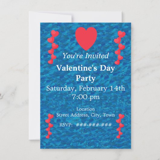 バレンタインマーメイド金ゴールドの赤いハートの文字列ブルー 招待状 (正面)